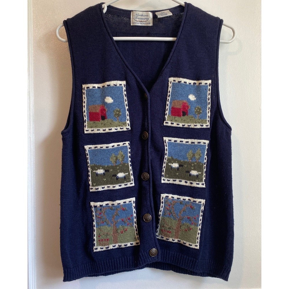Northern Treasures Vintage Navy Blue Knit Vest Cottage Core Medium Farm Animal